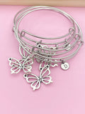 Silver Butterfly Charm Bracelet, Initial Bangle, Stainless Steel