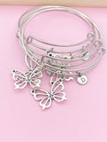Silver Butterfly Charm Bracelet, Initial Bangle, Stainless Steel