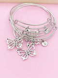 Silver Butterfly Charm Bracelet, Initial Bangle, Stainless Steel