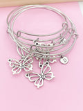 Silver Butterfly Charm Bracelet, Initial Bangle, Stainless Steel