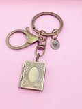 Bronze Book Locket Keychain, Personalized Initial Charm