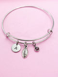 Football Charm Bangle, Initial, Stainless Steel Bracelet