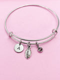 Football Charm Bangle, Initial, Stainless Steel Bracelet