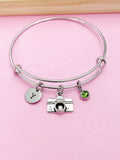 Silver Camera Charm Bracelet, Personalized Initial, Photography Gift, BB46