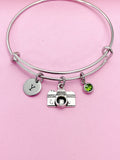 Silver Camera Charm Bracelet, Personalized Initial, Photography Gift, BB46