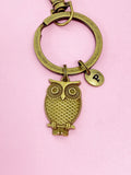 Owl Keychain, Bronze Owl Charm Keychain, Owl  Key ring, Bird Charms, Owl Pendants, Personalized Keychain, Initial Charm, Initial Keychain