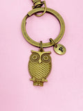 Bronze Owl Keychain, Personalized Initial Charm