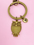Bronze Owl Keychain, Personalized Initial Charm