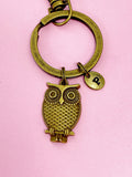Bronze Owl Keychain, Personalized Initial Charm