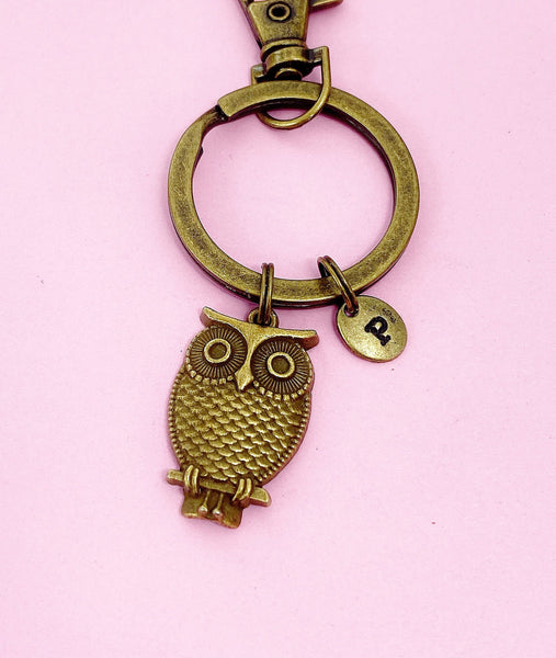 Owl Keychain, Bronze Owl Charm Keychain, Owl  Key ring, Bird Charms, Owl Pendants, Personalized Keychain, Initial Charm, Initial Keychain