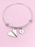 Paper Airplane Charm Bangle, Initial Charm, Personalized Gift