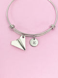 Paper Airplane Charm Bangle, Initial Charm, Personalized Gift