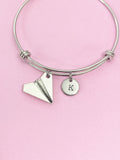 Paper Airplane Charm Bangle, Initial Charm, Personalized Gift