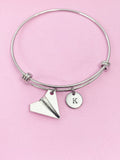Paper Airplane Charm Bangle, Initial Charm, Personalized Gift