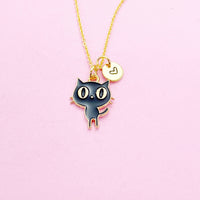Gold Cute Black Cat Necklace Personalize Customize Charm Necklace, N3571