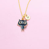 Gold Black Cat Necklace, Personalized Initial Charm