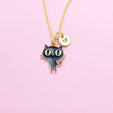 Gold Black Cat Necklace, Personalized Initial Charm