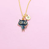 Gold Black Cat Necklace, Personalized Initial Charm