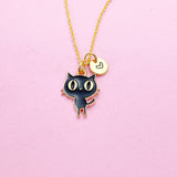 Gold Black Cat Necklace, Personalized Initial Charm