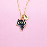 Gold Black Cat Necklace, Personalized Initial Charm