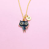 Gold Black Cat Necklace, Personalized Initial Charm