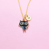 Gold Cute Black Cat Necklace Personalize Customize Charm Necklace, N3571