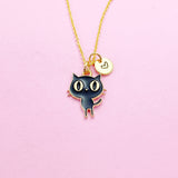Gold Black Cat Necklace, Personalized Initial Charm