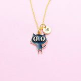 Gold Black Cat Necklace, Personalized Initial Charm