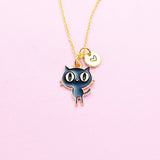 Gold Black Cat Necklace, Personalized Initial Charm
