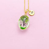 Gold Green Tree with Butterfly Charm Necklace Real Pressed Flower Personalize Customize Jewelry, N2956