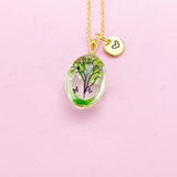 Gold Green Tree with Butterfly Charm Necklace Real Pressed Flower Personalize Customize Jewelry, N2956
