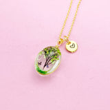Gold Green Tree with Butterfly Charm Necklace Real Pressed Flower Personalize Customize Jewelry, N2956