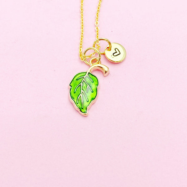 Gold Green Leaf Charm Necklace Personalize Customize Jewelry, N624