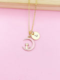 Gold Cat Charm Necklace, Pink Cat Sit on the Crescent Moon Charm Necklace, Pink Cat Charm, Crescent Half Moon Charm, Pet Gift, N257