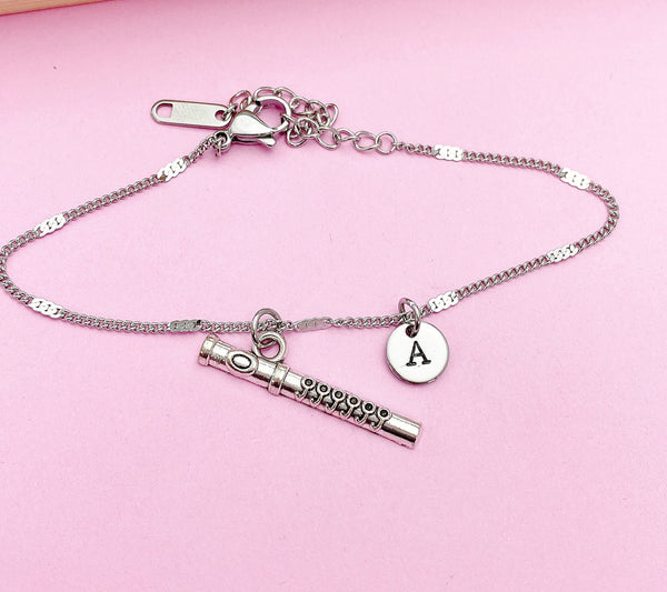 Silver Flute Charm Bracelet School Marching Band Gifts Ideas Personalized Customized Made to Order, AN1381