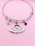 Silver UFO Charm Bracelet, Alien Jewelry, Personalized Initial