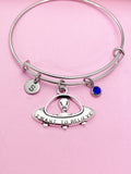 Silver UFO Charm Bracelet, Alien Jewelry, Personalized Initial