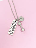 Silver Strong is Beautiful Dumbbell Charm Necklace Fitness Gym Gifts Ideas Personalized Customized Made to Order, N1092