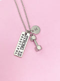 Dumbbell Charm Necklace, Personalized Initial, Fitness Jewelry