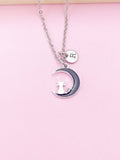 Cat on Moon Necklace, Initial Charm, Personalized Stainless Steel Chain