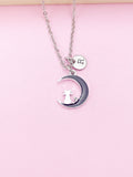 Cat on Moon Necklace, Initial Charm, Personalized Stainless Steel Chain