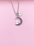 Cat on Moon Necklace, Initial Charm, Personalized Stainless Steel Chain