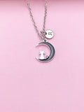 Cat on Moon Necklace, Initial Charm, Personalized Stainless Steel Chain