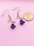 Gold Blue Rose Flower Earrings, N3108