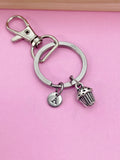 Silver Cupcake Charm Keychain, Initial Charm, Baker Gift