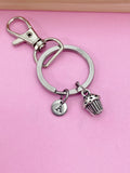 Silver Cupcake Charm Keychain, Initial Charm, Baker Gift