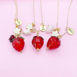 Strawberry Necklace in Gold, Natural Gemstone Birthstone in Option Handmade Lampwork Personalized Birthday Gifts, MN4983