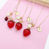 Strawberry Necklace in Gold, Natural Gemstone Birthstone in Option Handmade Lampwork Personalized Birthday Gifts, MN4983