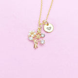 Gold Flower Bouquet Necklace, Initial Charm, Bridesmaid Jewelry