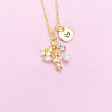 Gold Flower Bouquet Necklace, Initial Charm, Bridesmaid Jewelry